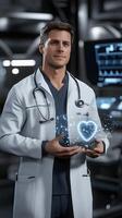A male doctor holding a heart shaped object photo