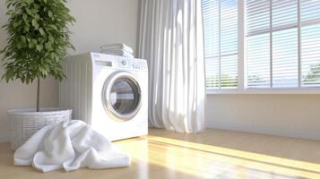 A washing machine and a potted plant in a room photo