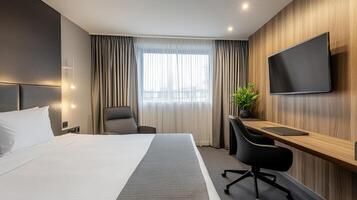 A hotel room with a bed, desk and television photo
