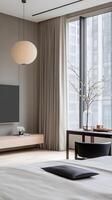 A modern bedroom with a large flat screen tv photo