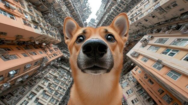 A dog looking up at the camera in a city photo