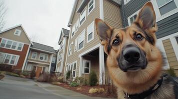 A german shepherd dog is looking at the camera photo