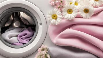 A washing machine with pink and white cloths photo