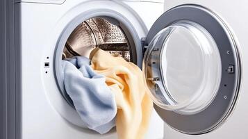 A washing machine with a yellow towel inside photo