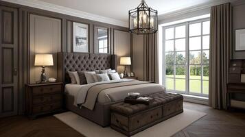 A bedroom with a large bed and a chandelier photo