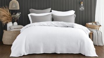 The white comforter and pillows are in a bedroom photo