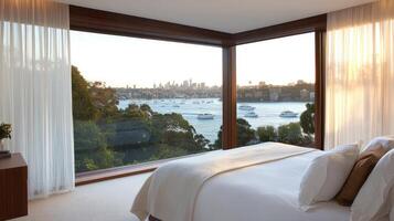 A bedroom with a view of the water and city photo