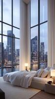 Modern bedroom with city view at night photo
