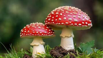 Two red mushrooms with white spots on top photo