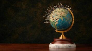 A globe with pins on it sitting on top of a wooden stand photo