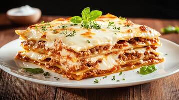 A stack of lasagna on a white plate photo