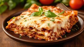 Lasagna with meat and cheese on a plate photo