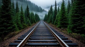 A train track in the middle of a forest photo