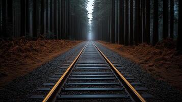 A train track in the middle of a forest photo