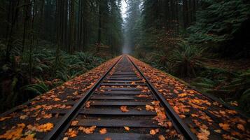 A train track surrounded by trees in the fall photo
