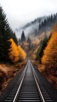 A train track in the middle of a forest with fog photo