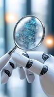 A robot hand holding a magnifying glass over a computer screen photo