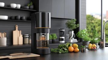 A kitchen with a blender and a variety of fruits photo