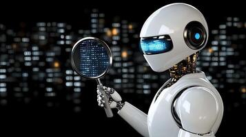 A robot holding a magnifying glass over a cityscape photo