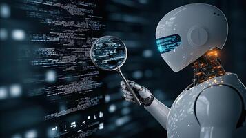 A robot is looking at a computer code photo