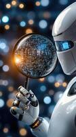 Robot holding magnifying glass over a computer screen photo