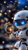 A robot holding a magnifying glass in front of a city photo