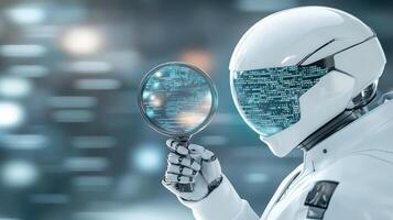 A robot in a white suit is holding a magnifying glass photo