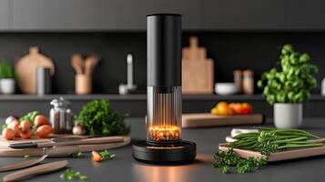 A kitchen with a gas burner on top of a counter photo