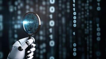 A robot holding a magnifying glass over binary code photo