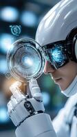 A man in a futuristic suit holding a magnifying glass photo