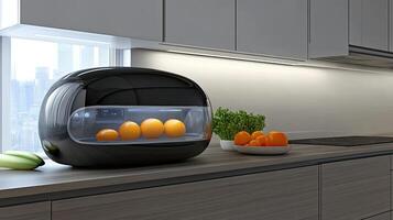 A kitchen counter with a fruit bowl and a fruit machine photo