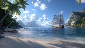 A ship is sailing on the ocean near palm trees photo