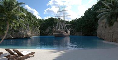 A boat is docked in the water near palm trees photo