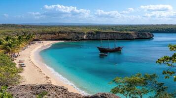 A boat is anchored on the beach near a rocky shoreline photo