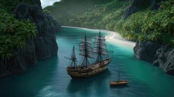 A pirate ship in the ocean near a tropical island photo
