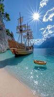 A pirate ship sits on the beach near a rocky shore photo