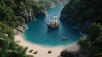 A pirate ship is sailing through the ocean near a beach photo