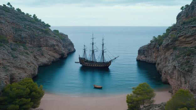 un barco es en el agua cerca un acantilado foto