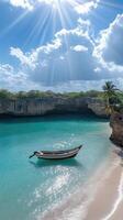 A boat is sitting on the beach near a cave photo