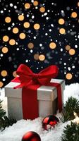 Christmas background with gift box and christmas lights photo