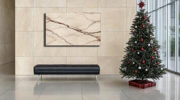 A christmas tree in a lobby with a bench and a painting photo
