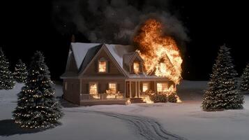 A house on fire with a christmas tree in the background photo