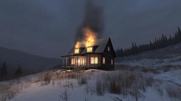A house on fire in the snow photo