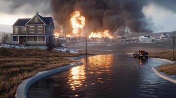 A house with a fire burning in the background photo