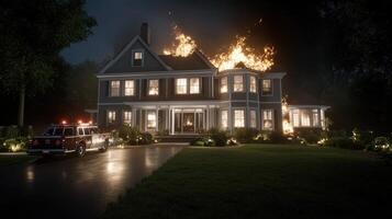 A house on fire with a fire truck in the driveway photo
