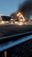 A house on fire in a field photo