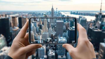 A man holding a smartphone with a cityscape in the background photo