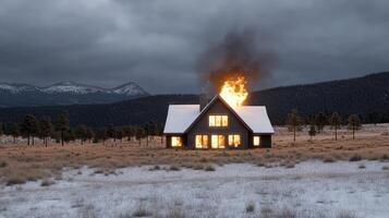 A house on fire in the middle of a snowy field photo
