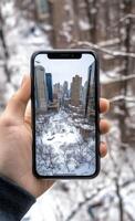 A person holding up an iphone with a cityscape on the screen photo