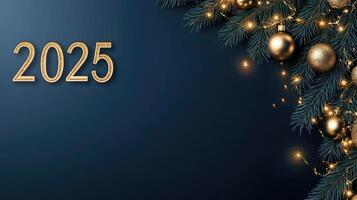 2025 christmas tree with gold balls and christmas lights photo